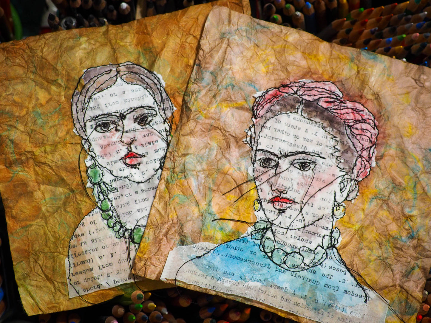Freehand embroidery painting by Danita Art. Sewing using free motion stitching and embroidery, Danita created a beautiful textile and fabric art original artwork with famous Mexican artist Frida Kahlo featured in a one of a kind portrait.