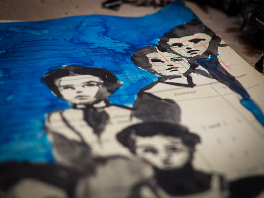 Original watercolor and ink mixed media folk art painting by Danita Art. Vintage Victorian women and family painted over early 20th century ledger and accounting books paper. I took my watercolor paints and used family ties over time and ancestors to create a beautiful image that talks about strong family traditions.