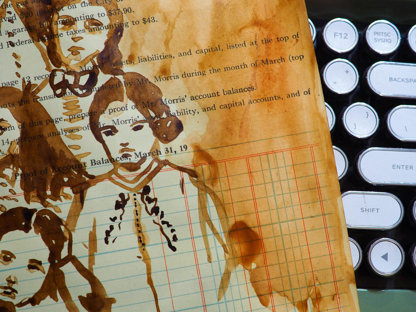 Original watercolor and ink mixed media folk art painting by Danita Art. Vintage Victorian women and family painted over early 20th century ledger and accounting books paper. I took my watercolor paints and used family ties over time and ancestors to create a beautiful image that talks about strong family traditions.