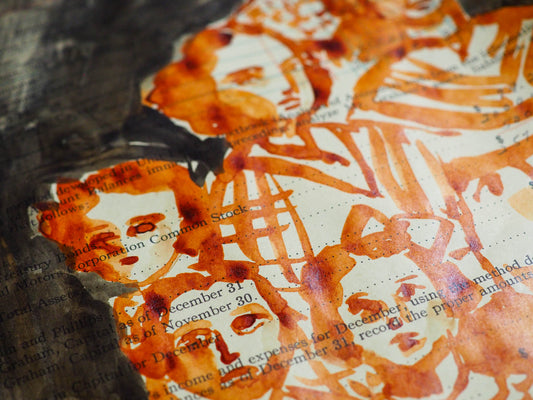 Original watercolor and ink painting by Danita Art. Vintage Victorian looking women and family painted over early 20th century ledger and accounting books paper.