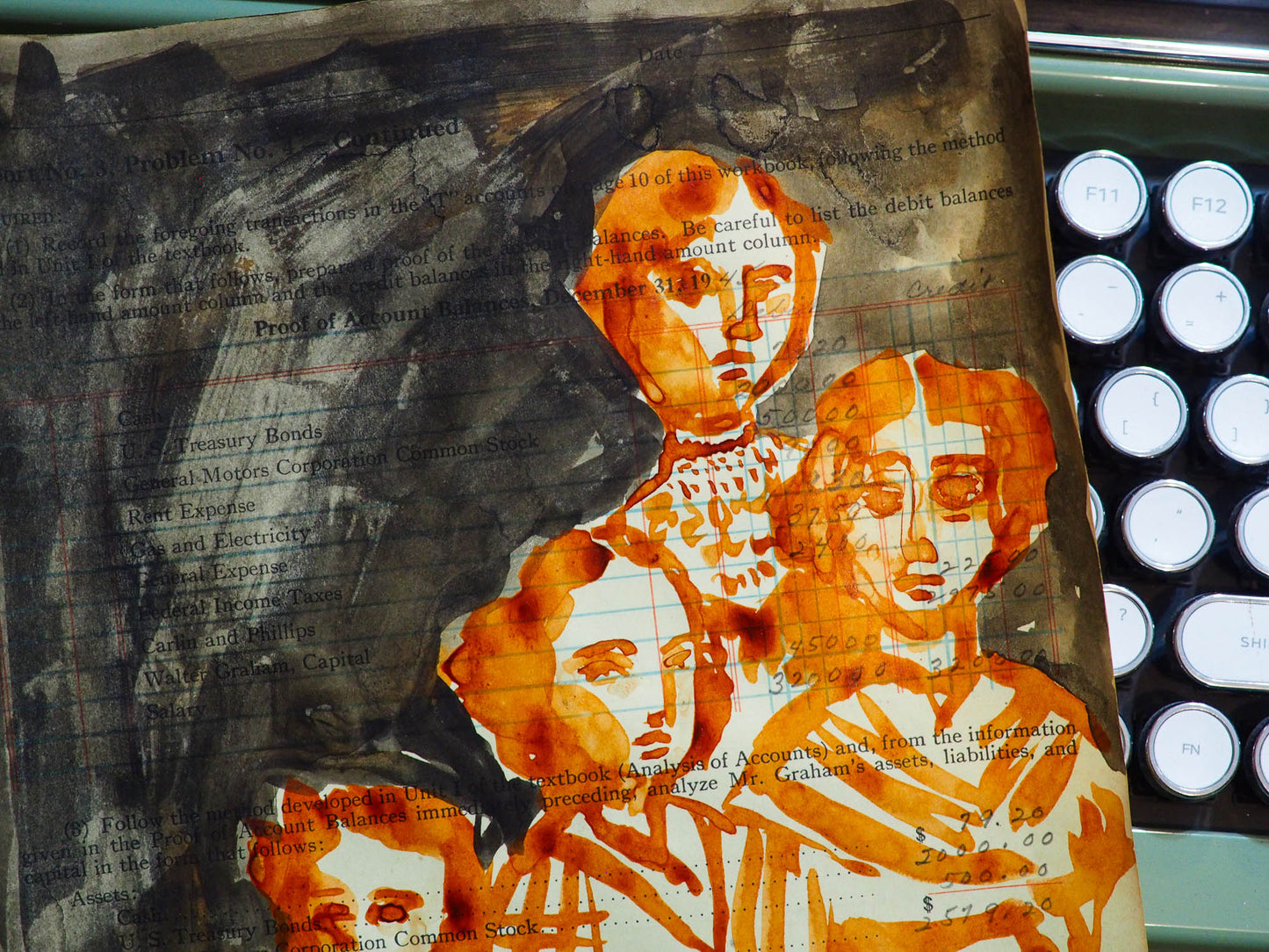 Original watercolor and ink painting by Danita Art. Vintage Victorian looking women and family painted over early 20th century ledger and accounting books paper.