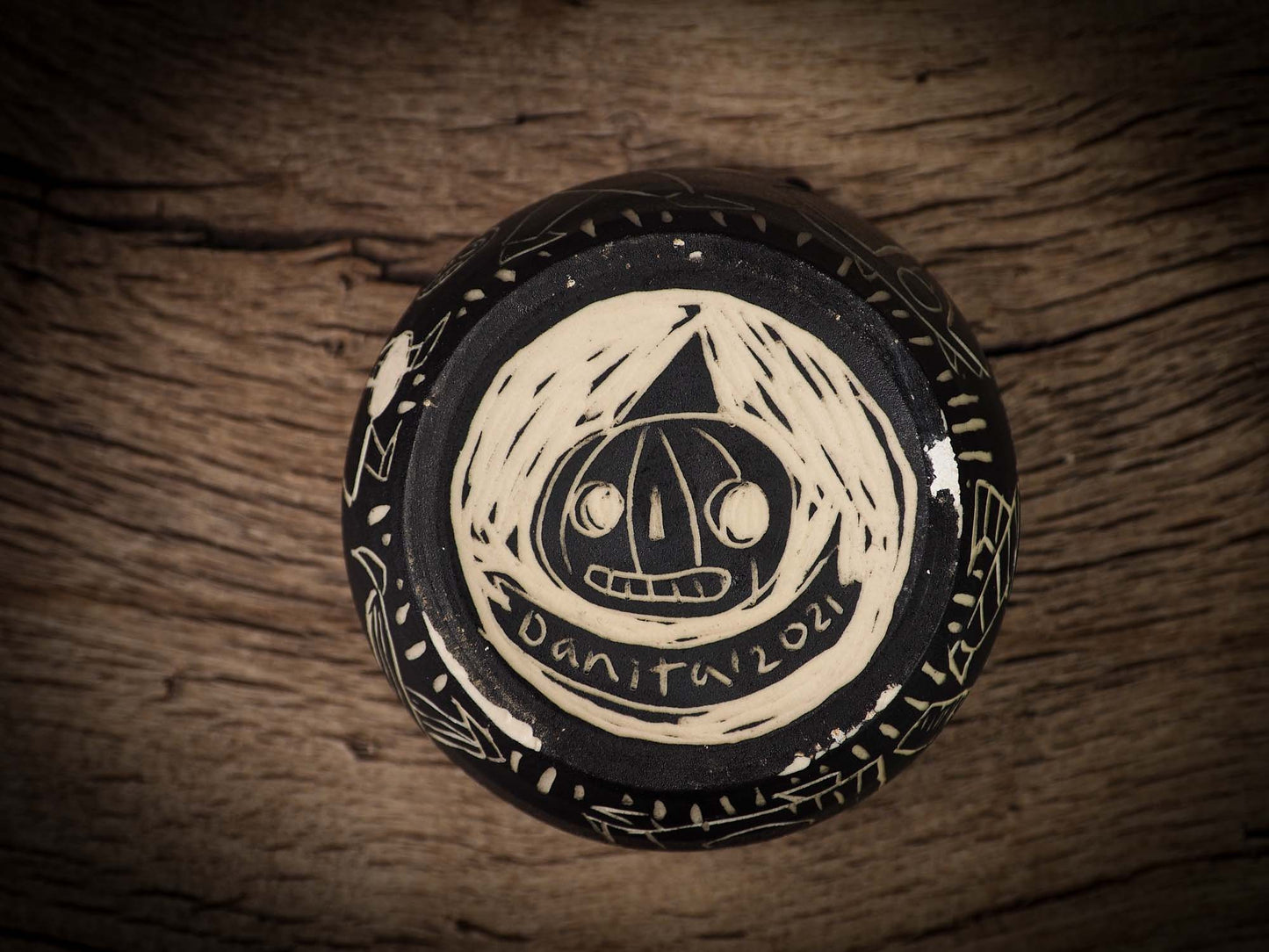 An original Halloween ceramic bowl by Idania Salcido, the artist behind Danita Art. Measures 4 x 4 x 3 Inches, made with wheel thrown clay, hand carved and glazed by the artist. The carved figures give it a nice, folk art primitive feel to it. Perfect for Halloween Candy, ice cream and fruit and as pet cat bowl.