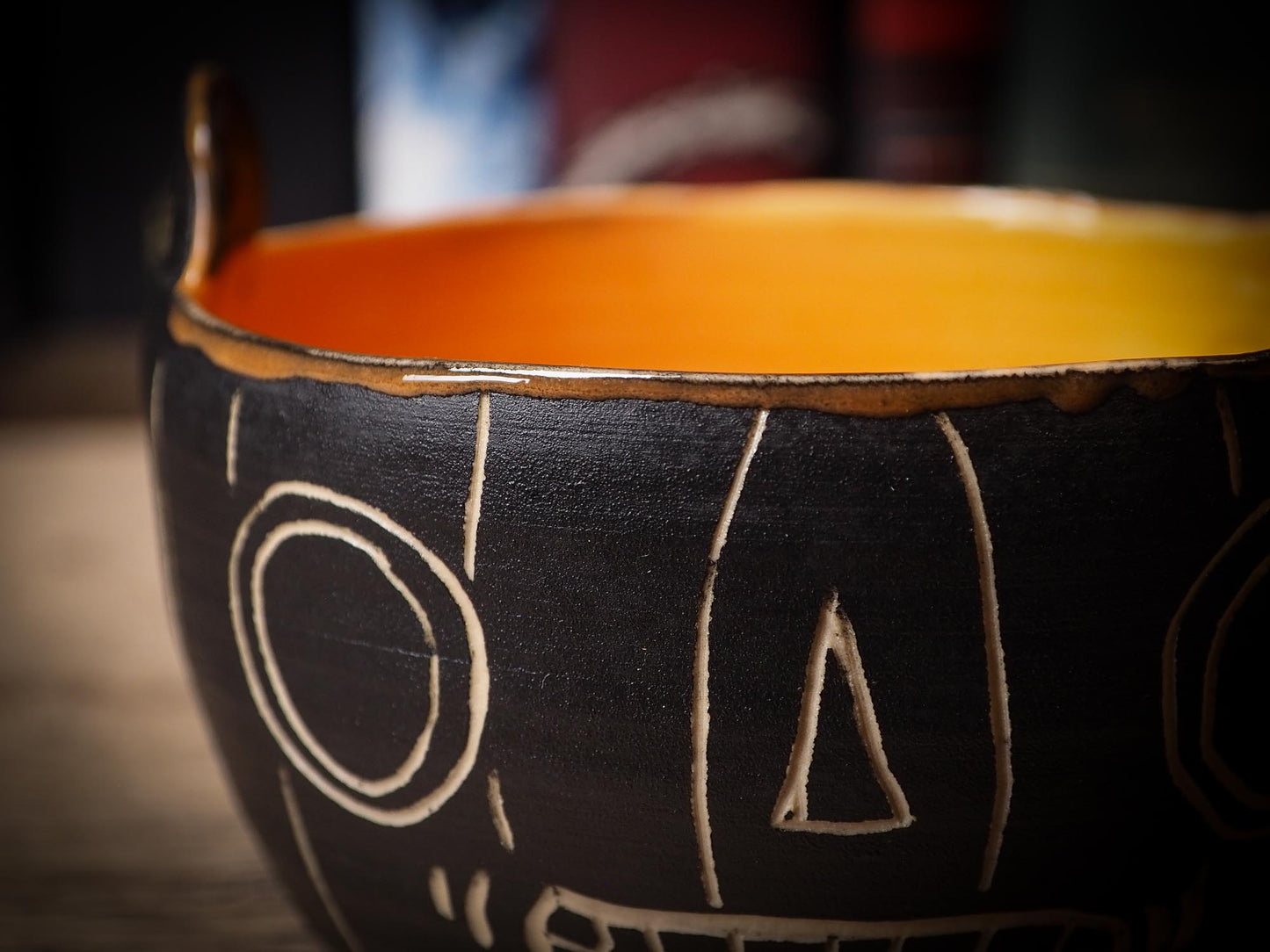 An original Halloween ceramic bowl bucket pail handmade by Idania Salcido the artist behind Danita Art. Made with wheel thrown clay hand carved and glazed by the artist. Witches, ghosts, goblins, black cats, vampires give a folk art primitive feel to it. Perfect for Halloween Candy, ice cream and fruit, a pet cat bowl.