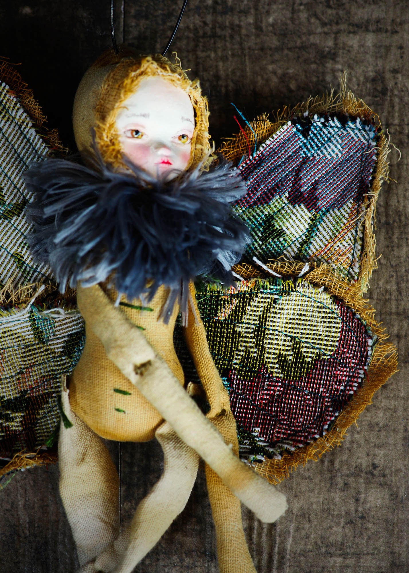 Inspired by nature, Danita created a handmade art doll moth, or night butterfly using organic materials like vintage and hand dyed fabric, wire and clay on a melancholic articulated soft sculpture. An art doll toy that celebrates nature's creations and the beautiful wings of insects with a bit of magic fairy on them.