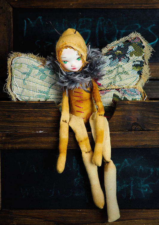 Inspired by nature, Danita created a handmade art doll moth, or night butterfly using organic materials like vintage and hand dyed fabric, wire and clay on a melancholic articulated soft sculpture. An art doll toy that celebrates nature's creations and the beautiful wings of insects with a bit of magic fairy on them.