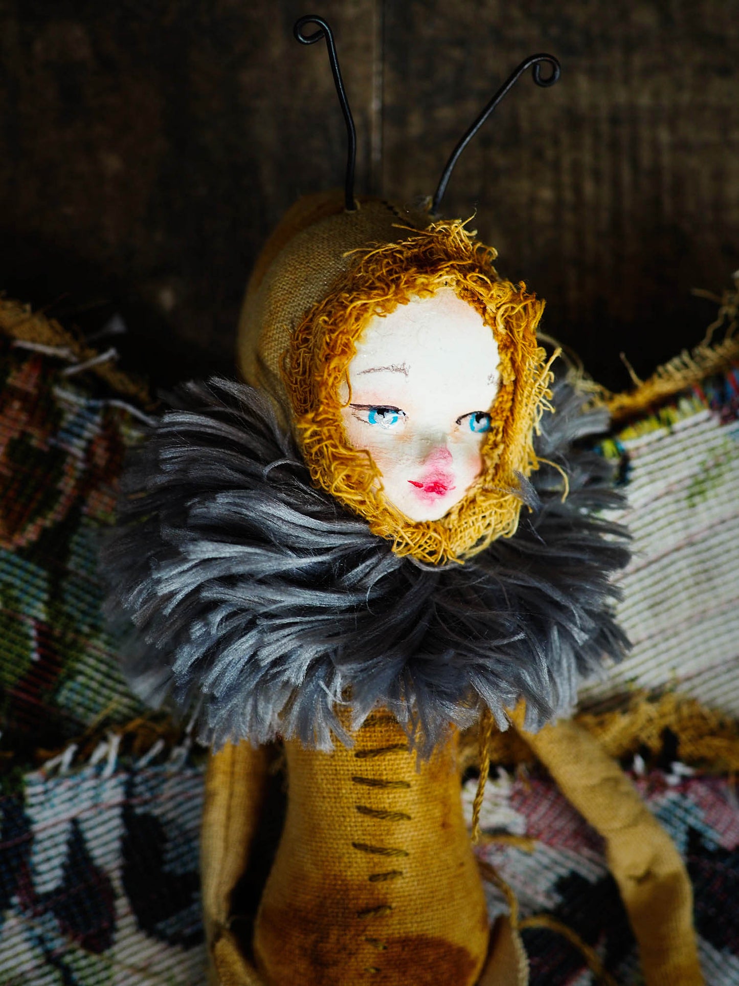 Inspired by nature, Danita created a handmade art doll moth, or night butterfly using organic materials like vintage and hand dyed fabric, wire and clay on a melancholic articulated soft sculpture. An art doll toy that celebrates nature's creations and the beautiful wings of insects with a bit of magic fairy on them.