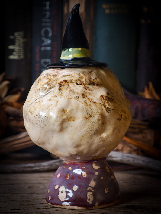 Fire glazed ceramic figurine by Idania Salcido, Danita Art. On Halloween, Danita creates spooky cute hand made ceramic figures to decorate your home in the scariest holiday of the year. Ghosts, witches, ghouls, vampires, black cats, pumpkins, jack-o-lantern and creatures of the night in glazed ceramic home decor.