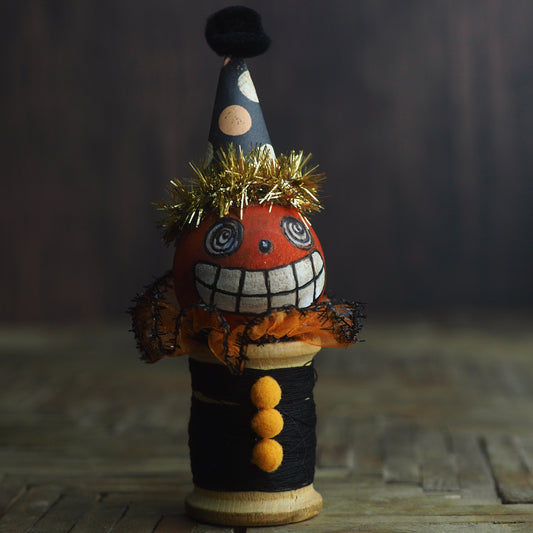 Dan, the happy go lucky jack-o-lantern pumpkin - Vintage thread spool kokeshi Halloween art doll by Danita, Miniature Dolls by Danita Art