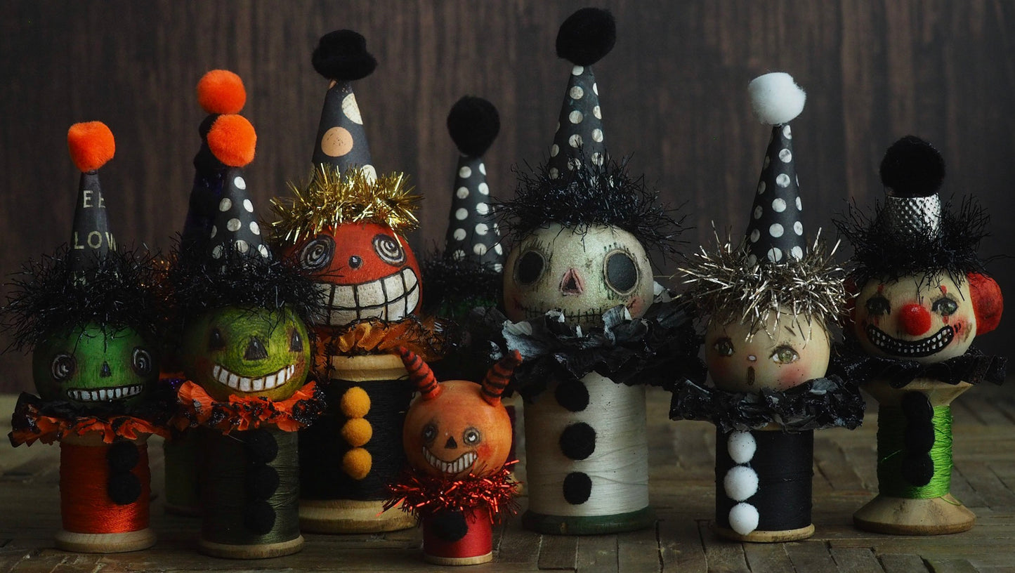 Danita wicked witch ghost monster clown devil evil vintage Halloween folk art original art doll kokeshi wooden spool thread figurine home decor decoration