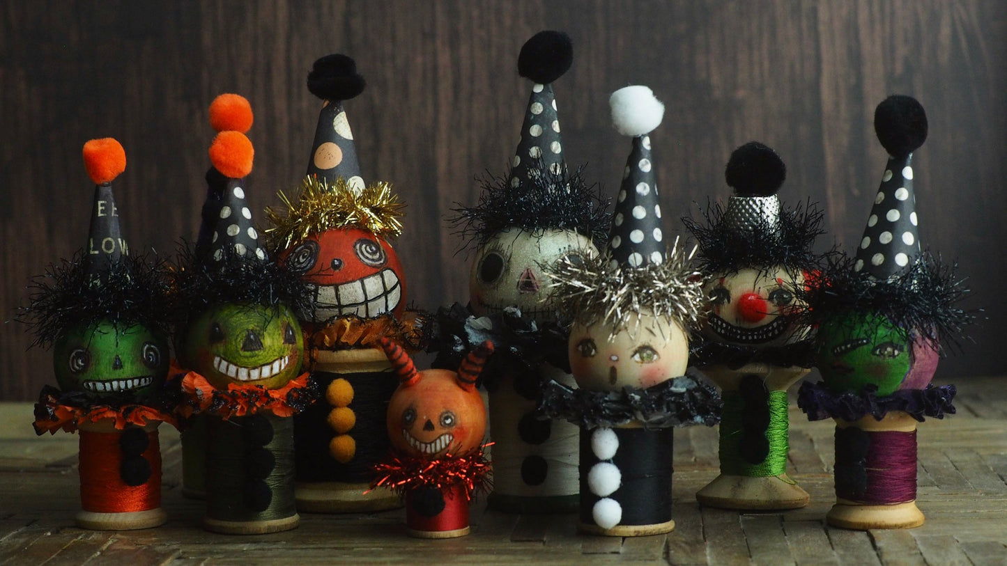 Danita wicked ghost monster evil vintage Halloween folk art original art doll kokeshi wooden spool thread figurine home decor decoration