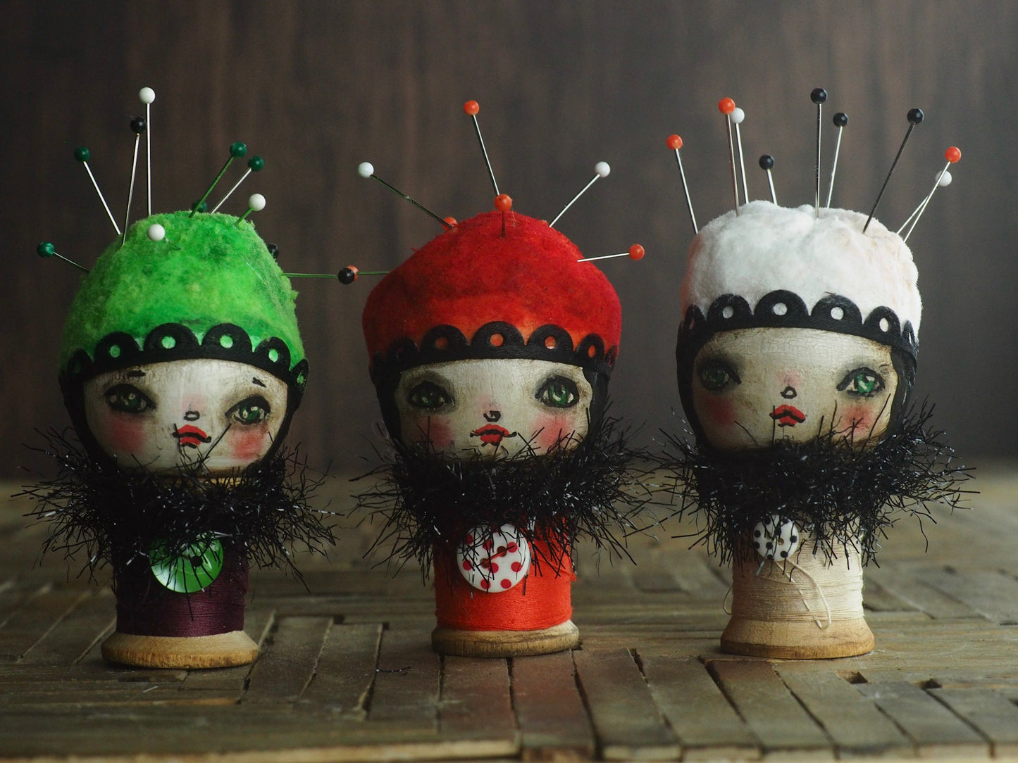 Seamstress Tailor Pincushion Sewing Pin Cushion Art Doll Danita Handmade Kokeshi Style Toy