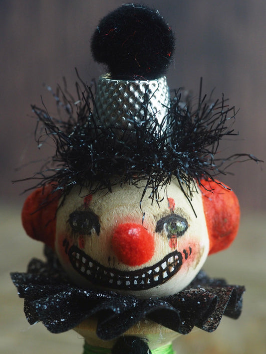 Danita clown pennywise IT evil vintage Halloween folk art original art doll kokeshi wooden spool thread figurine home decor decoration
