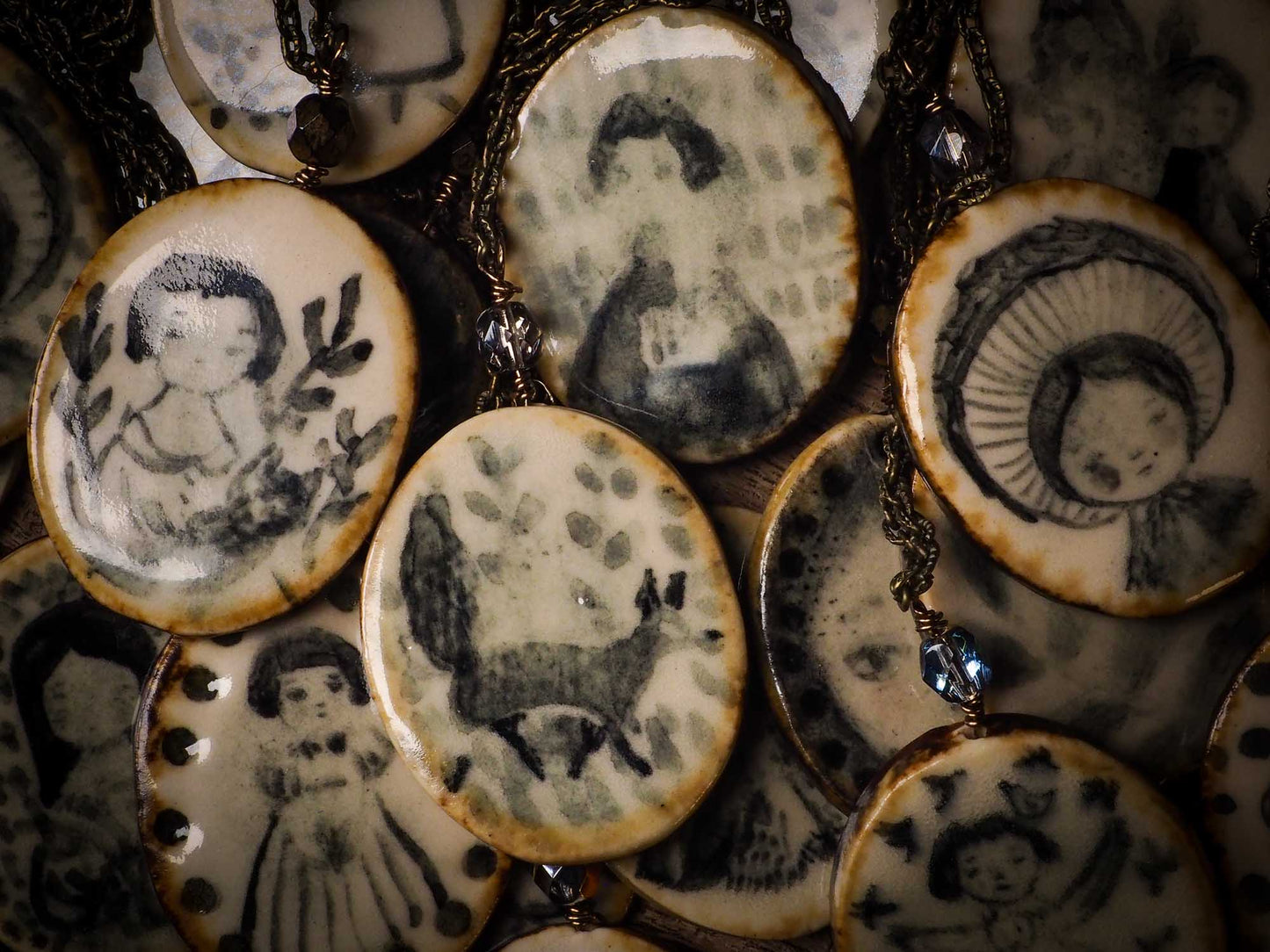 Unique fired ceramic porcelain necklace oval pendant by Idania Salcido, the artist behind Danita Art. Each jewelry setting is hand drawn and illustrated by the artist in her art studio, perfect for any dressing style. A casual gathering with friends or a fancy formal dinner, this necklace is a perfect fashion accessory.