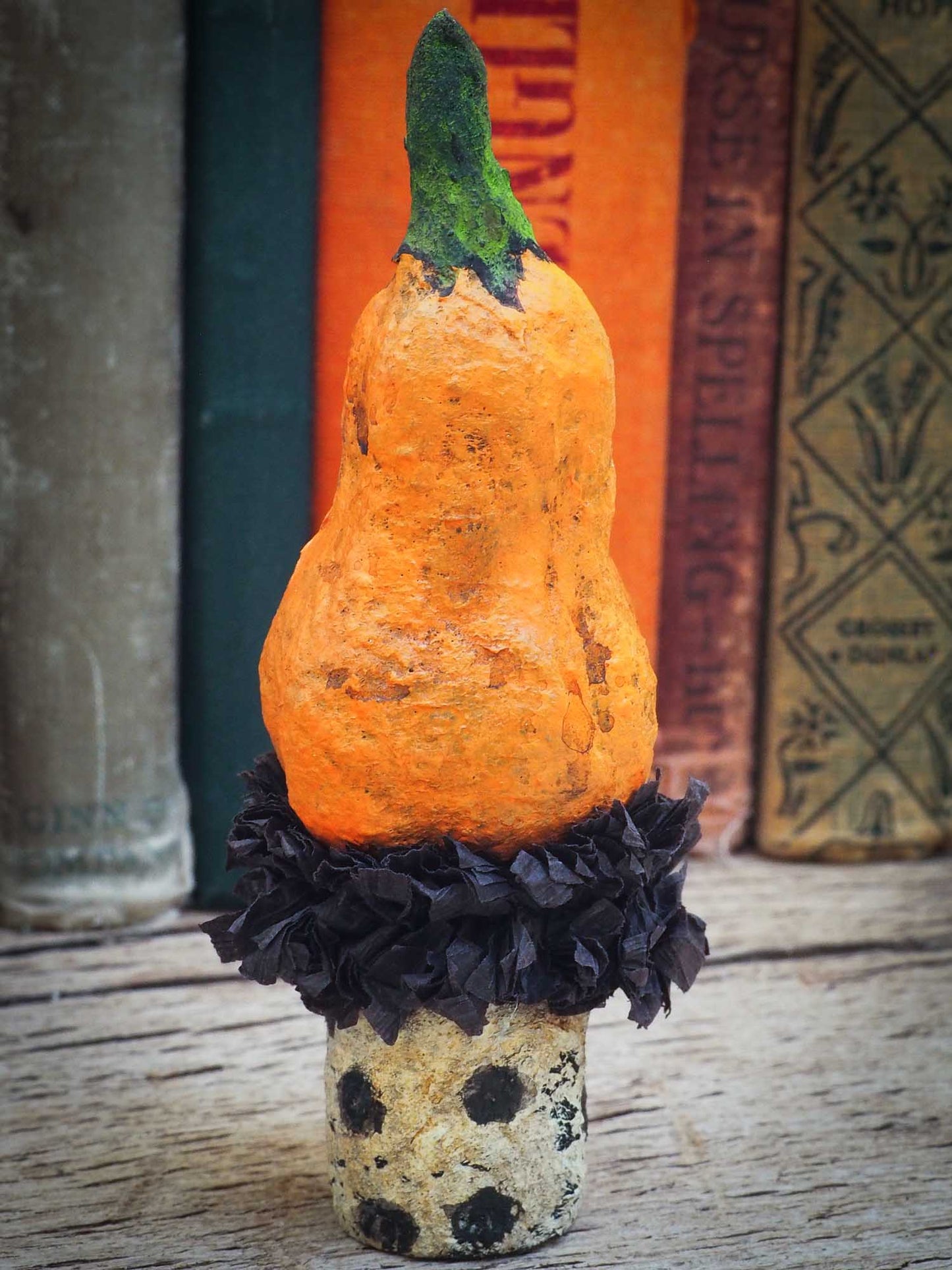 Original Danita Art Kokeshi Art doll for Halloween. An orange pumpkin made with organic 100% natural spun cotton, hand sculpted and painted by Danita. This hand made doll is perfect for Halloween decorations!