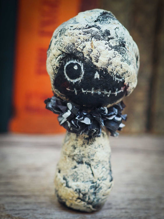 Danita uses organic spun cotton to create an adorable kawaii kokeshi handmade mini art doll for Halloween Decor. Decorate your home with an original decoration by Danita!