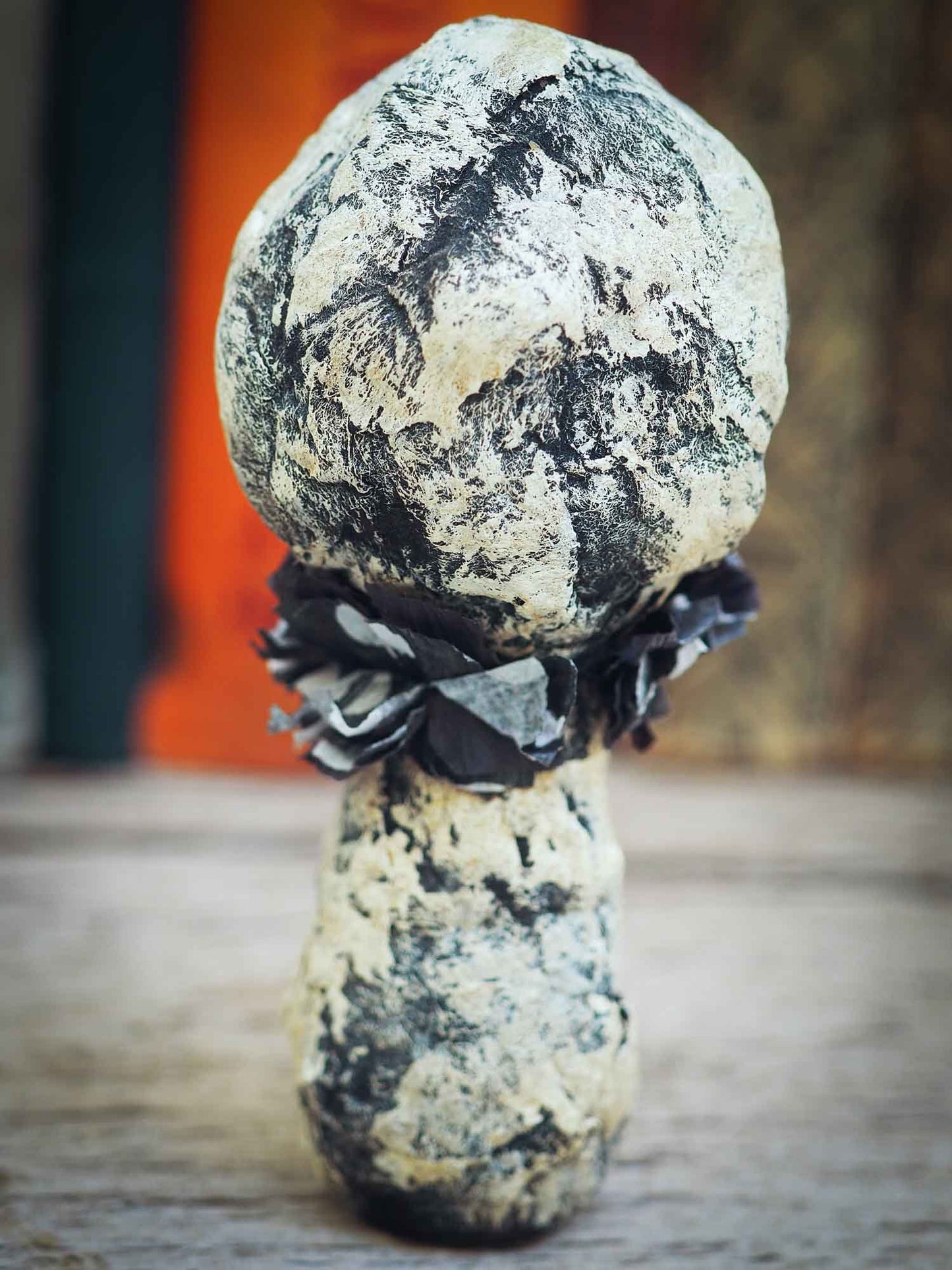 Danita uses organic spun cotton to create an adorable kawaii kokeshi handmade mini art doll for Halloween Decor. Decorate your home with an original decoration by Danita!