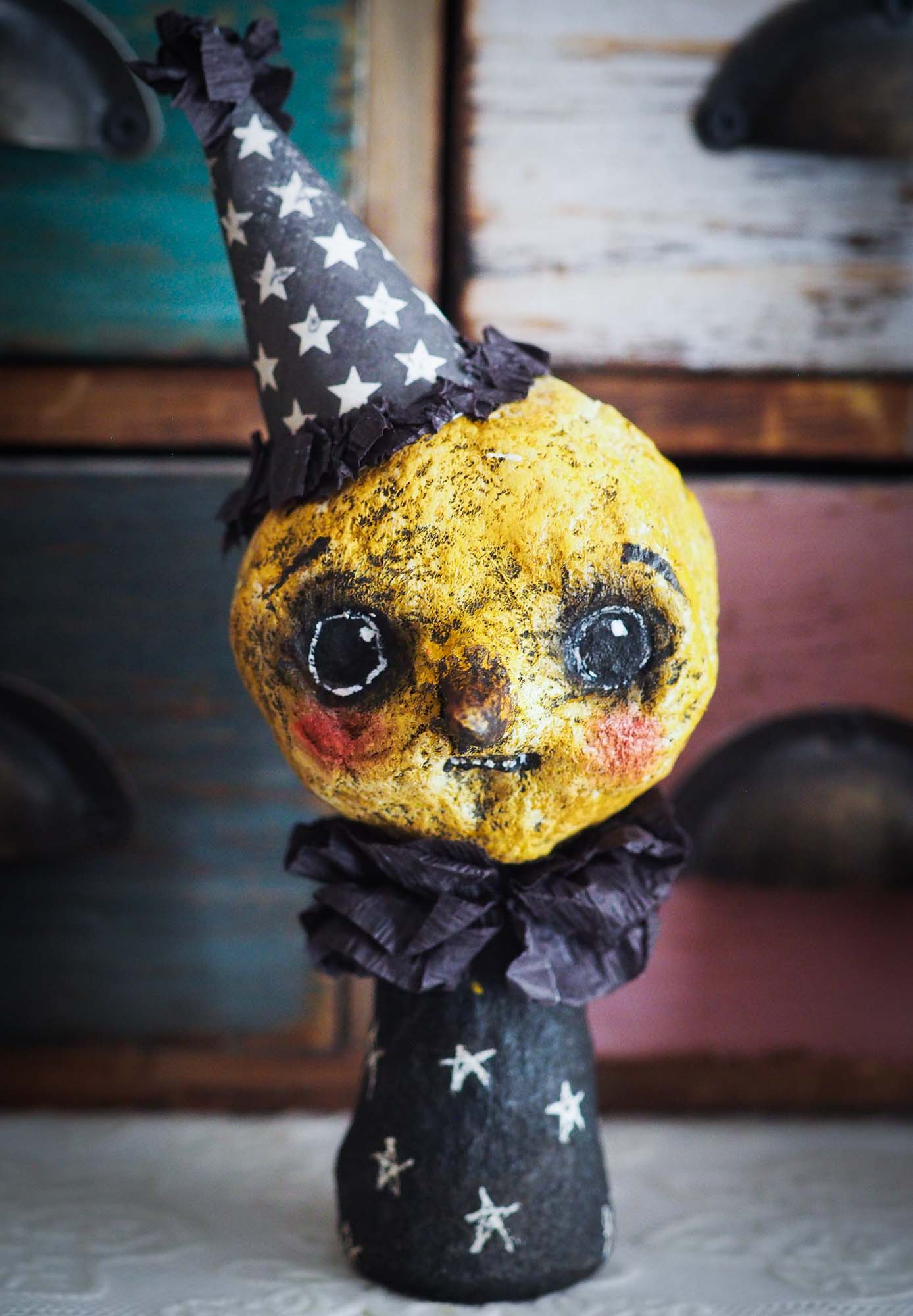 A cute folk art crafts Halloween wizard magician warlock mini figurine by Danita. Kokeshi kawaii style mini art doll home decor decorations by Danita.