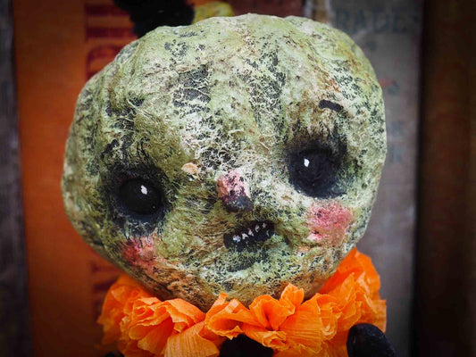 Jack-O-Lantern pumpkin ornament Halloween decoration. Danita art original handmade art doll pumpkin made with spun cotton from collection of witches, ghosts, skeletons, jack-o-lantern, pumpkin, vampire, ghouls and other whimsical folk art style home decor.
