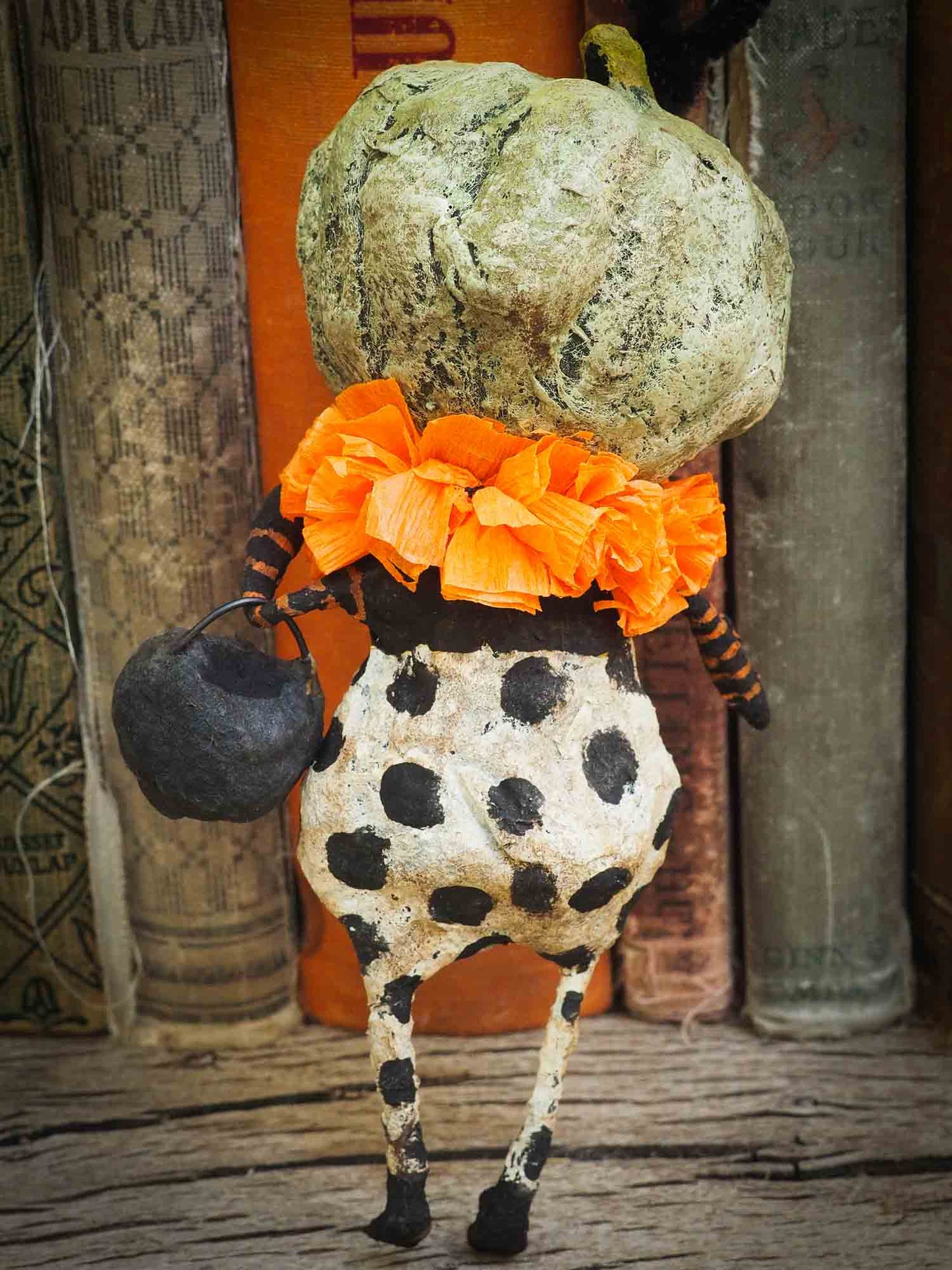 Jack-O-Lantern pumpkin ornament Halloween decoration. Danita art original handmade art doll pumpkin made with spun cotton from collection of witches, ghosts, skeletons, jack-o-lantern, pumpkin, vampire, ghouls and other whimsical folk art style home decor.