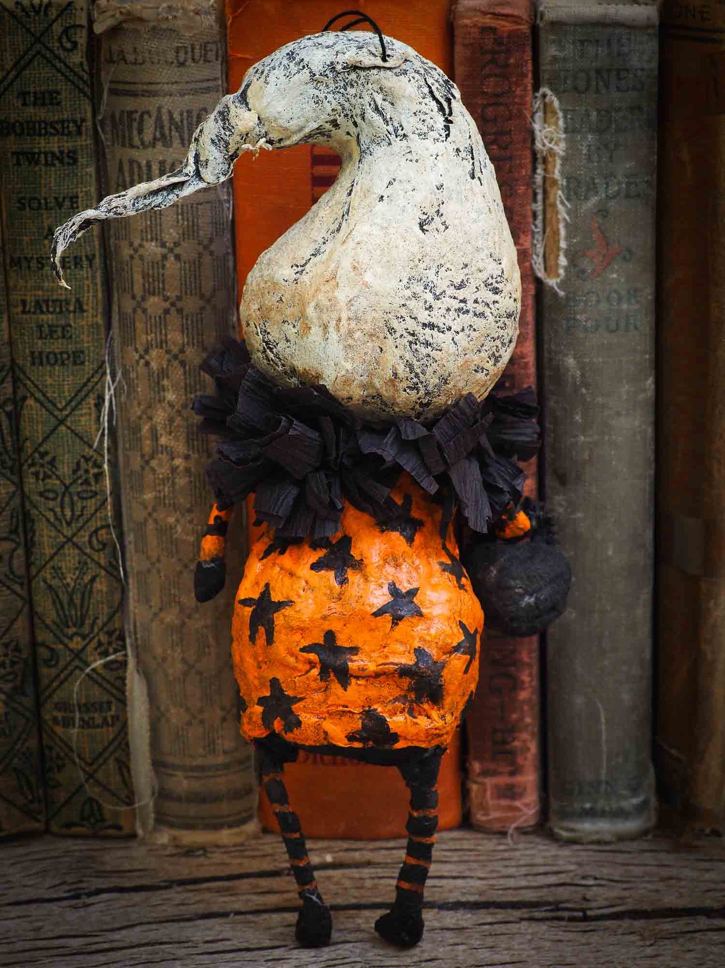 ghost ghoul spirit ornament Halloween decoration. Danita art original handmade art doll ghost made with spun cotton from collection of witches, ghosts, skeletons, jack-o-lantern, pumpkin, vampire, ghouls and other whimsical folk art style home decor.