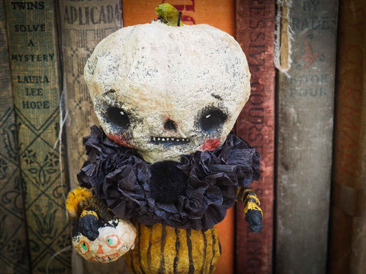 pumpkin jack-o-lantern ornament Halloween decoration. Danita art original handmade art doll pumpkin made with spun cotton from collection of witches, ghosts, skeletons, jack-o-lantern, pumpkin, vampire, ghouls and other whimsical folk art style home decor.