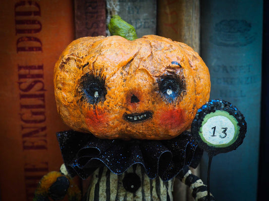 pumpkin jack-o-lantern ornament Halloween decoration. Danita art original handmade art doll pumpkin made with spun cotton from collection of witches, ghosts, skeletons, jack-o-lantern, pumpkin, vampire, ghouls and other whimsical folk art style home decor.