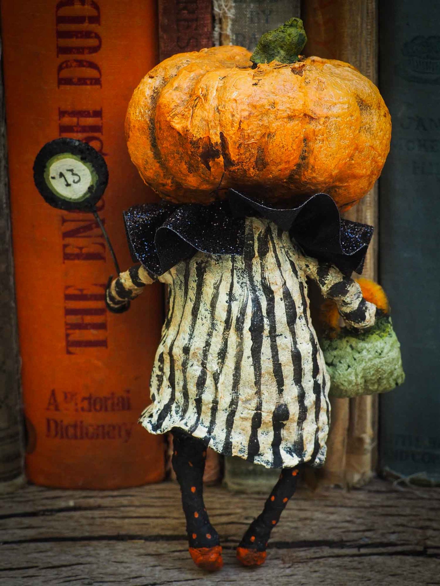 pumpkin jack-o-lantern ornament Halloween decoration. Danita art original handmade art doll pumpkin made with spun cotton from collection of witches, ghosts, skeletons, jack-o-lantern, pumpkin, vampire, ghouls and other whimsical folk art style home decor.