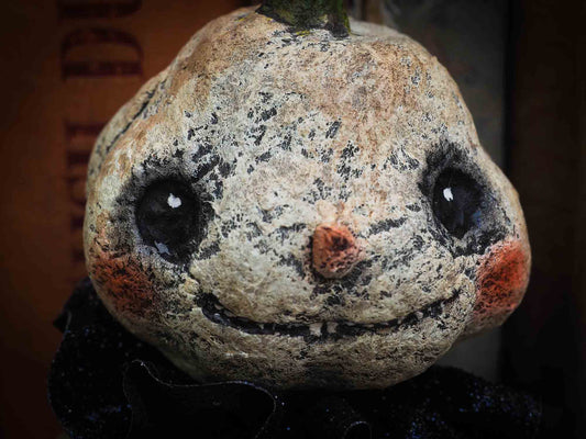 pumpkin jack-o-lantern ornament Halloween decoration. Danita art original handmade art doll pumpkin made with spun cotton from collection of witches, ghosts, skeletons, jack-o-lantern, pumpkin, vampire, ghouls and other whimsical folk art style home decor.