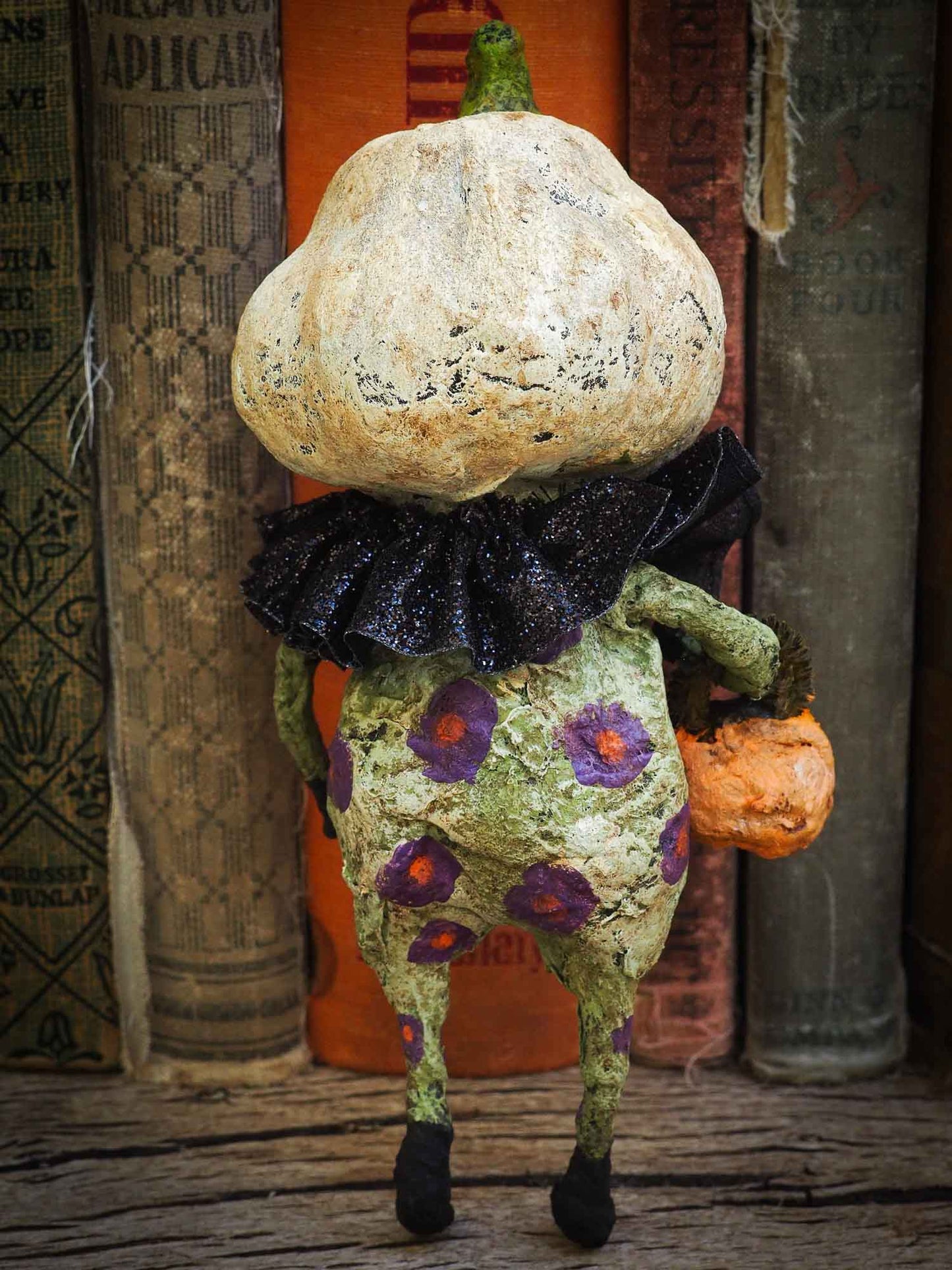 pumpkin jack-o-lantern ornament Halloween decoration. Danita art original handmade art doll pumpkin made with spun cotton from collection of witches, ghosts, skeletons, jack-o-lantern, pumpkin, vampire, ghouls and other whimsical folk art style home decor.