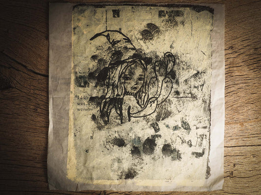 An original ink monoprint by Idania Salcido (Danita Art), this painting measures 7 x 11 inches on a very special paper. It is very fancy paper with mechanography exercises, made by my mother when she was at school. It is really, very, very special to me. What better way to celebrate Halloween than with Witches? I loved this inked monoprint! She is traveling with her ghosts, ready for an amazing night of trick-or-treat.