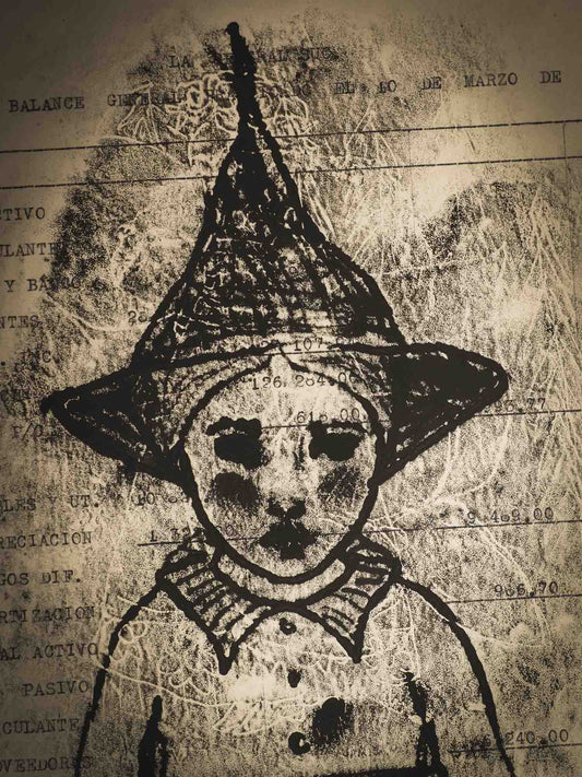 An original ink monoprint by Idania Salcido (Danita Art), this painting measures 7 x 11 inches on a very special paper. It is very fancy paper with mechanography exercises from early 20th century. What better way to celebrate Halloween than with Witches? I loved this inked monoprint! She looks eerie and powerful, but not scary or menacing, and that's exactly where her true feminine power lies.