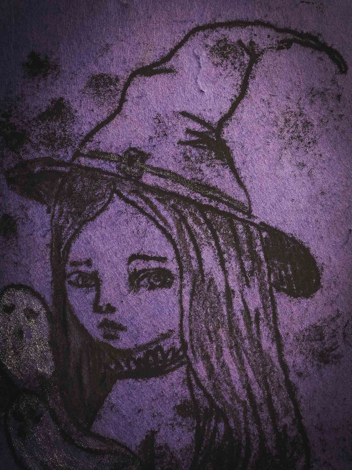 An original ink monoprint by Idania Salcido (Danita Art), this painting measures 7 x 7 inches on a very special purple toned paper. What better way to celebrate Halloween than with Witches? I loved this inked monoprint! She is traveling with her ghosts, ready for an amazing night of trick-or-treat.