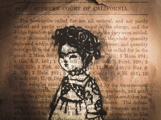 I painted Frida using a page from a vintage book I found from my collection, I love the mixing of letters and drawing, as it gives it a very special vintage feel. An original ink monoprint by Idania Salcido (Danita Art), this painting measures 9 x 5 inches on a very special vintage paper.