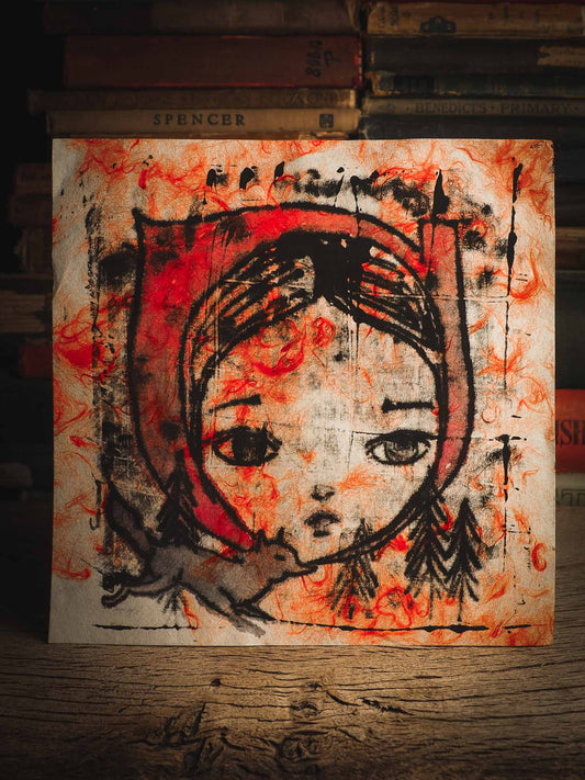 An original ink monoprint on printmaking paper by Idania Salcido (Danita Art) measures 7 x 7 inches, ready to be mounted on your favorite frame! After doing the monoprint of Little Red Riding hood on a very special handmade japanese paper I got from a dear friend (Thank you so much Yoko!!!) I also illustrated the drawing in watercolors. You can see Little Red Riding Hood turn into Grandma's house and back again, while the wolf walks along with her, keeping company and protecting each other.
