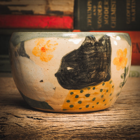 An original ceramic coffee and tea mug by Idania Salcido, the artist behind Danita Art. It measures 4 x 4 x 2.5 Inches, totally handmade in my studio. Food and drink safe, hand wash only. My cat Loki inspired me to paint this beautiful bowl. He has a white friend that lives outside my property and he comes to visit every day, they look at each other and like to play.