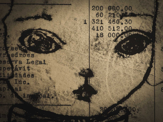 An original ink monoprint by Idania Salcido (Danita Art), this painting measures 7 x 11 inches on a very special paper. It is very fancy paper with mechanography exercises dating from early 20th century. I just love painting the female portrait. No matter what I do, I always end up painting faces. I love it!