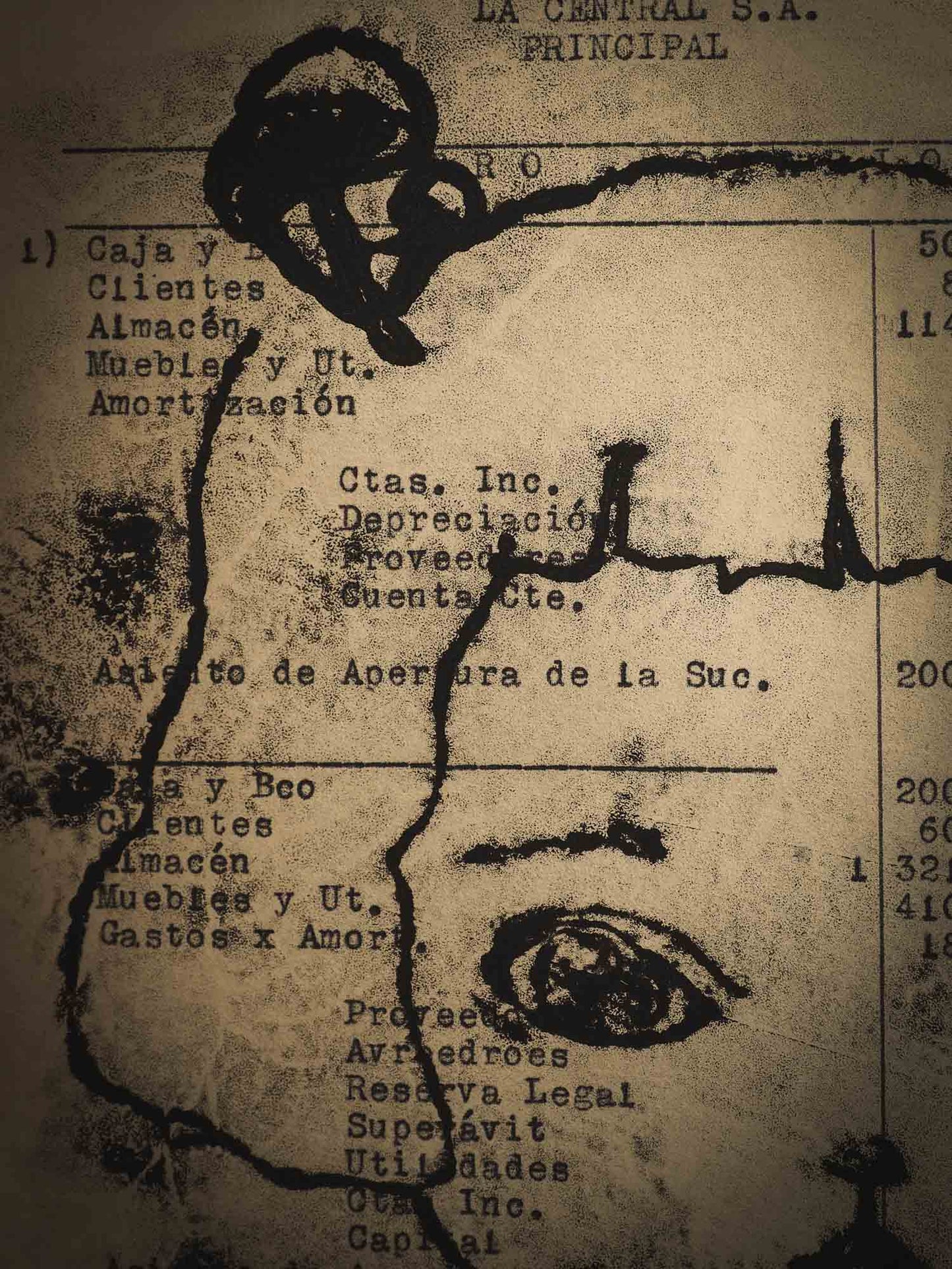 An original ink monoprint by Idania Salcido (Danita Art), this painting measures 7 x 11 inches on a very special paper. It is very fancy paper with mechanography exercises dating from early 20th century. I just love painting the female portrait. No matter what I do, I always end up painting faces. I love it!