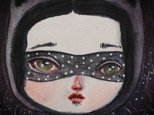 When I think of Cat Lady, I imagine a powerful woman with an army of cats at her disposal, so I painted this little girl in an oval wood canvas. I used watercolors to create an army of black cats with a mysterious ambiance where the cats are lookin right back at you, lurking in the shadows waiting to do her bidding.