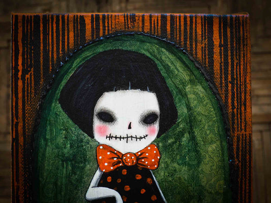 This whimsical zombie girl is an original Halloween painting by Danita Art. She is getting ready to go out trick-or-treat with her friends the wolves, the vampires, the witches, the ghouls and the ghosts. Painted on canvas, even when she is a pale skinned zombie girl, she keeps the whimsical Danita eyes that you love so much.
