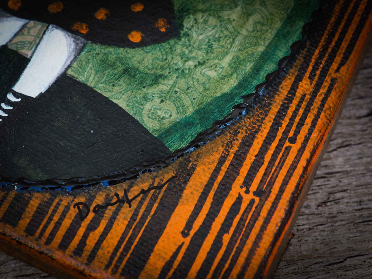 This whimsical zombie girl is an original Halloween painting by Danita Art. She is getting ready to go out trick-or-treat with her friends the wolves, the vampires, the witches, the ghouls and the ghosts. Painted on canvas, even when she is a pale skinned zombie girl, she keeps the whimsical Danita eyes that you love so much.