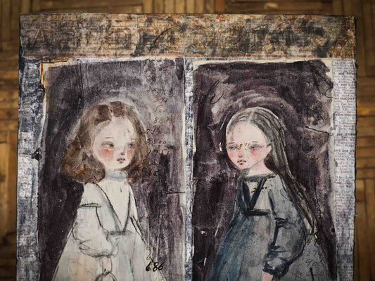 This is an original Halloween painting by Danita. Hallow and Ween are twin sisters apart as day and night. Born on October 31, one has dar hair, the other blonde. One dresses in white, the other in black. But they love each other. Painted using mixed media collage techniques, combining ink, acrylic paint, watercolor, gouache and more. This beautiful painting will be the center of your home decoration this Halloween Night.