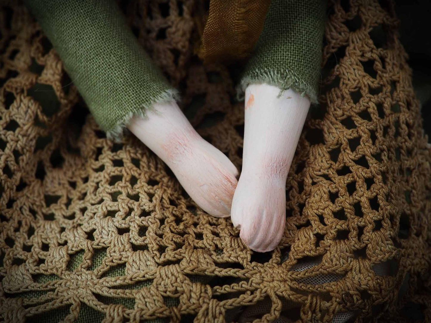 An original Danita handmade art doll, inspired by the sounds and smells of the Autumn forest, dry leaves and the colorful scenery of Mother Nature. Her name is TERRA, goddess of the earth and home to all of us. She is dressed in a beautiful hand made green dress and a brown lace apron that represent the life giving power of earth and plants.