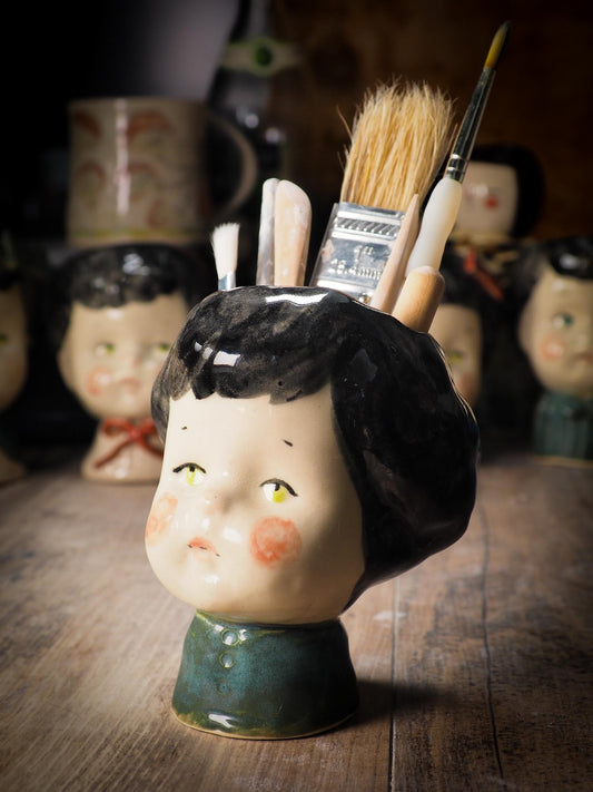 Original handmade ceramic artist brush and pencil holder by Idania Salcido, Danita Art. A unique ceramic artwork designed and hand built Idania Salcido. A beautiful handmade touch to any artist's studio with handmade glazed ceramic good for watercolors acrylics inks and oil paints. Clean with water or mineral spirits.