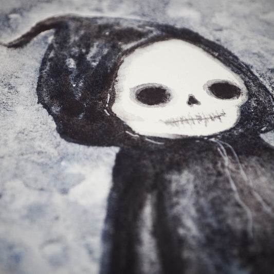 The grim reaper looks cute and friendly on this original watercolor Halloween illustration by Danita Art