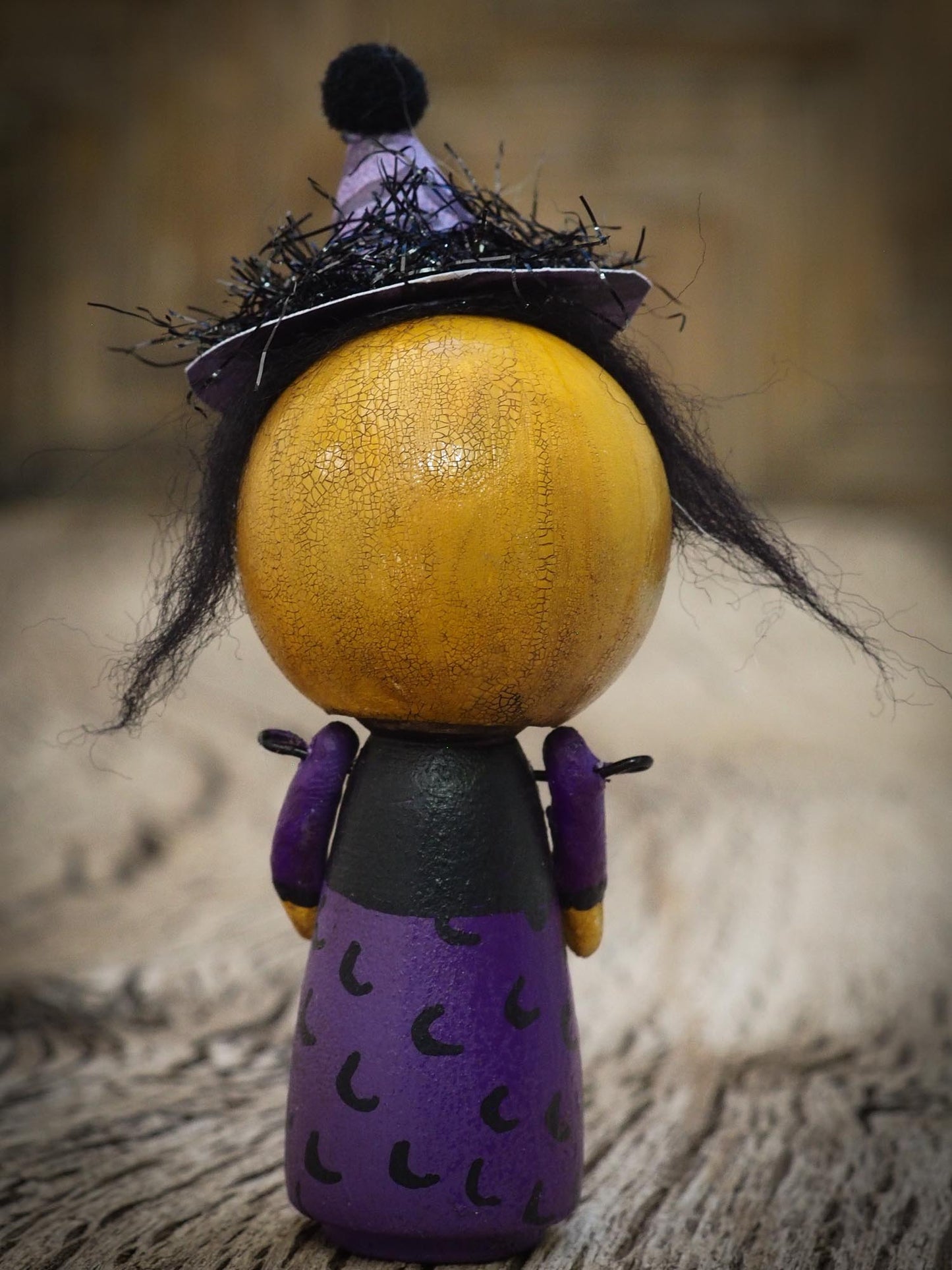 Folk art whimsical halloween witch mini kokeshi wooden style art dolls, designed and hand painted by non other that Danita Art, with painted body and wizard and witch clothes, adorable hand sculpted noses and a beautiful face with a whimsical smile. They come with a coffin shaped display and storage case for home decor