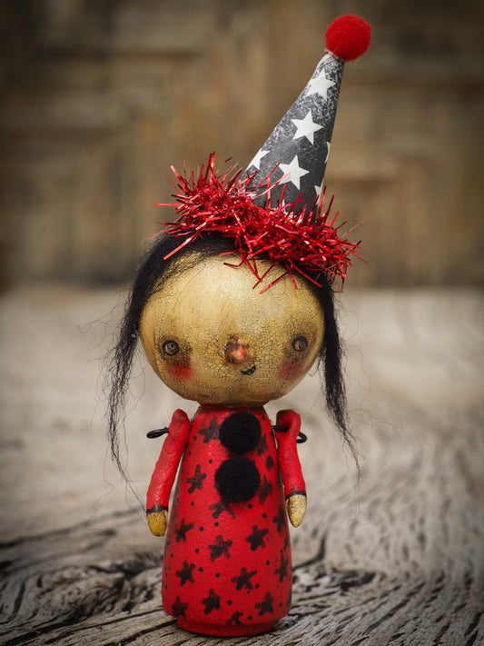 Folk art whimsical halloween witch mini kokeshi wooden style art dolls, designed and hand painted by non other that Danita Art, with painted body and wizard and witch clothes, adorable hand sculpted noses and a beautiful face with a whimsical smile. They come with a coffin shaped display and storage case for home decor