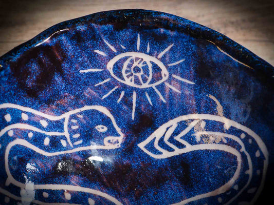 An original Halloween ceramic mug tumbler bowl handmade by Idania Salcido the artist behind Danita Art. Made with wheel thrown clay hand carved and glazed by the artist. Witches, ghosts, goblins, black cats, vampires give a folk art primitive feel to it. Perfect for Halloween Candy, ice cream and fruit, a pet cat bowl.