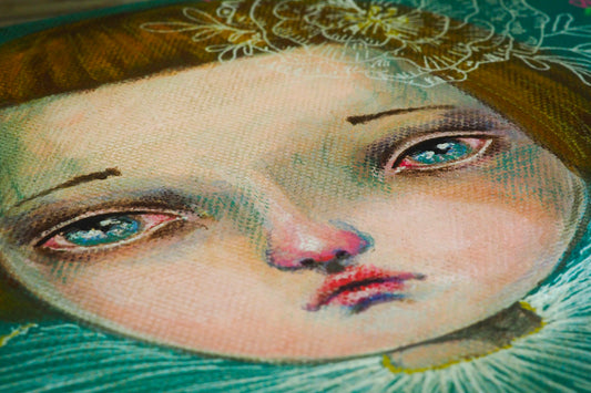 Original mixed media painting artwork by Danita. Surreal pop mixed with folk art green eyed girl on teal background portrait. Great home decor with a vintage shabby, worn out and whimsical folk art look.