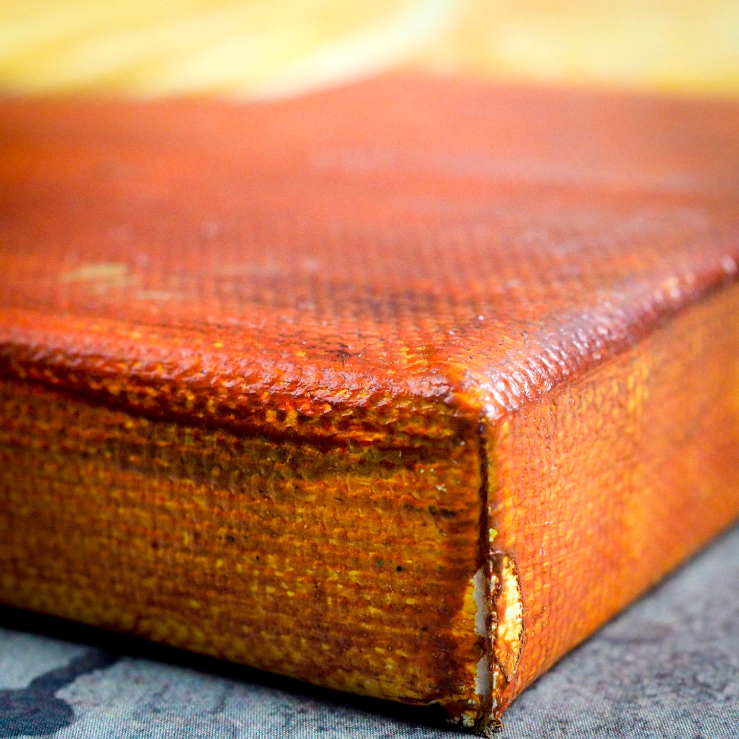 Yellow butterfly girl carries chrysalis on painting by Danita. Surrealist image of girl with Folk Art primitive influences.