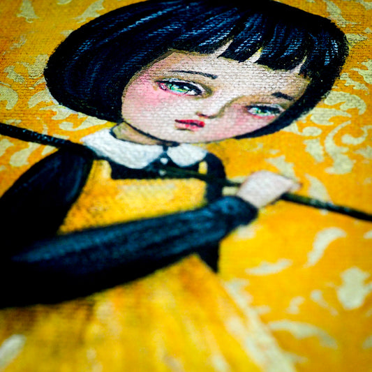 Yellow butterfly girl carries chrysalis on painting by Danita. Surrealist image of girl with Folk Art primitive influences.